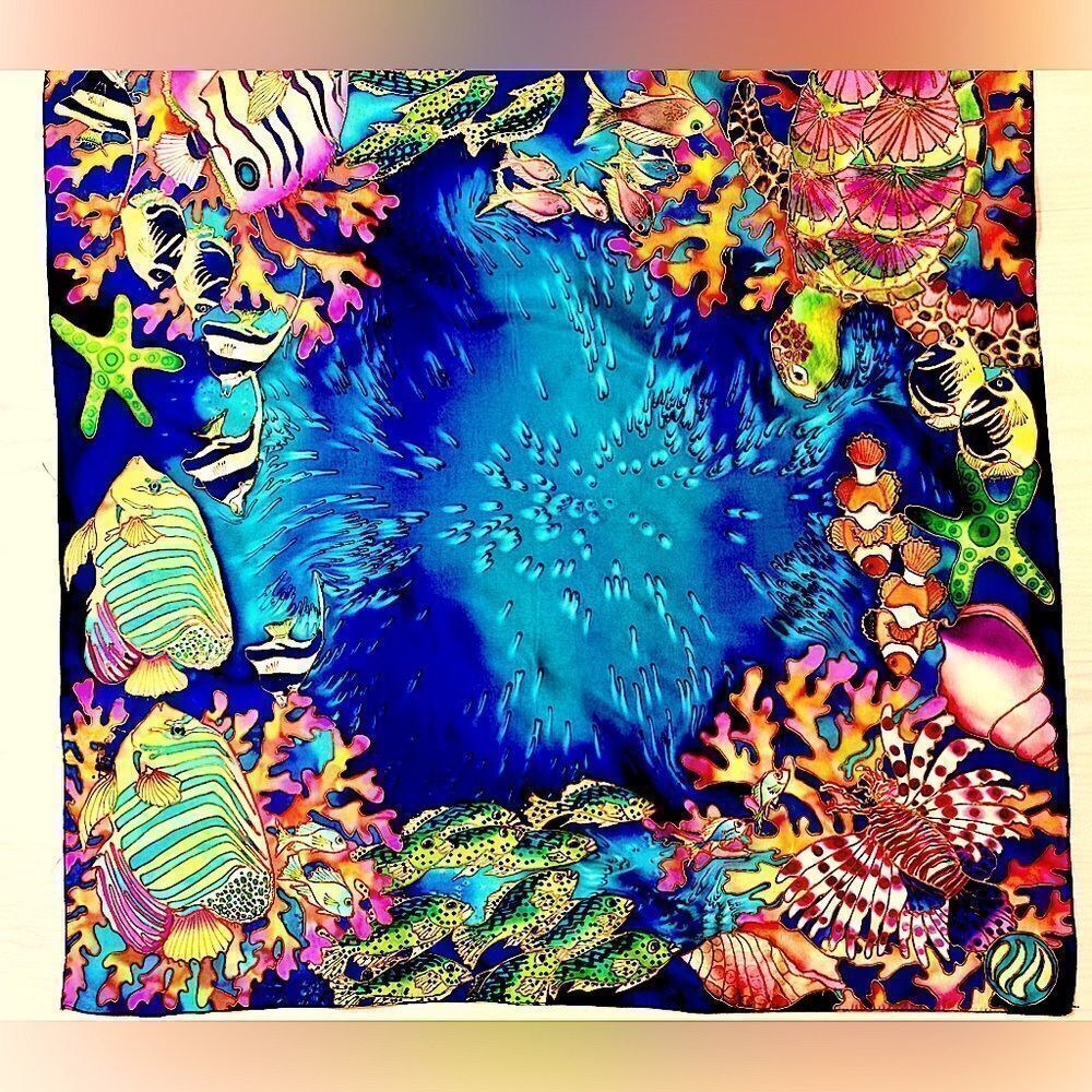 Vintage Lee Caldwell hand painted silk mtropical fish ocean scarf fabulous